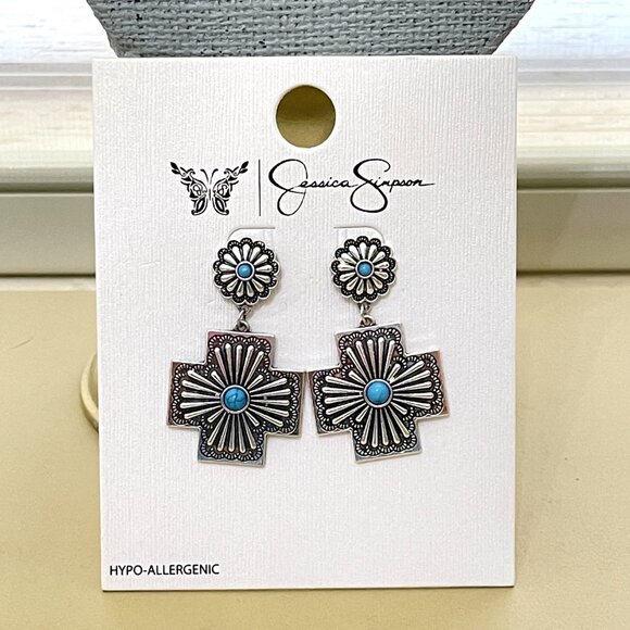 New Jessica Simpson Earrings Cross Silver Turquoise Blue Dangle Drop NWT - Picture 2 of 6